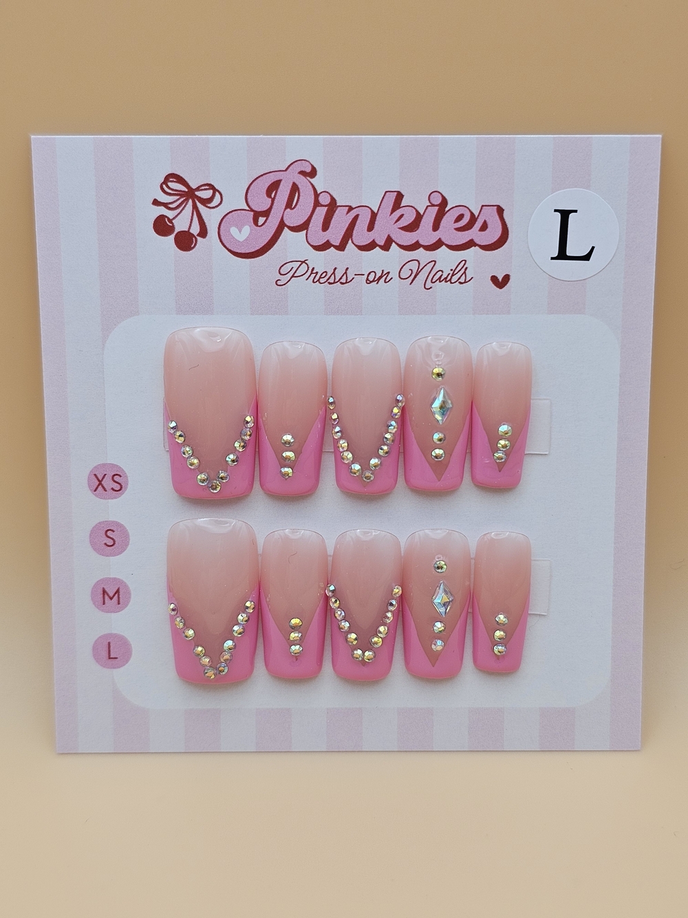 Press-on Nails Set 10pc Size L Square Pink V French Tips Gems Rhinestones